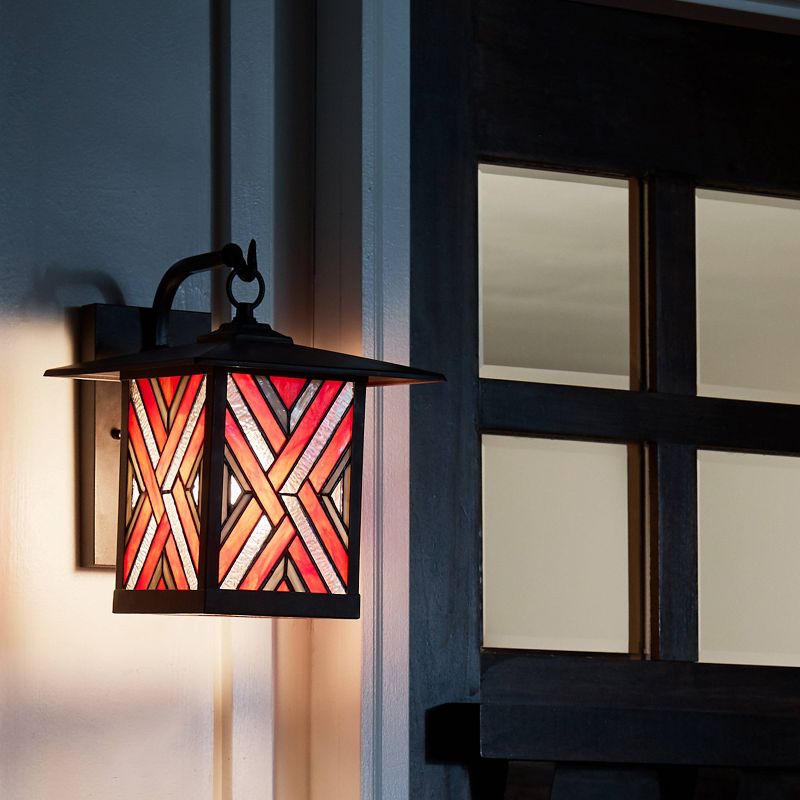 11.75&#34; Stained Glass 1-Light Geometric Bronze Outdoor Lantern Wall Sconce - River of Goods, 2 of 9