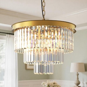 YANSUN 53.6 in. Modern 6-Light Gold Crystal Drum Chandelier with 3-Tier Clear Crystal Shade for Dining Room - 1 of 1