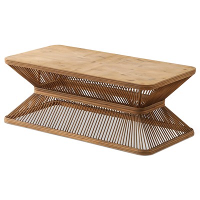 Vynxaria Mid-Century Modern Rustic Boho Coffee Table 43.3" Rectangular Wood Top, Woven Bamboo Base, Low Profile, 43.3"W×21.65"D×15.94"H
