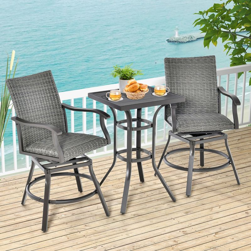 Costway 3PCS Patio Rattan Bar Table Stools Set Aluminum 360° Swivel Chairs with Padded Seat, 5 of 11