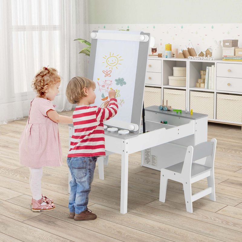 Costway 2-in-1 Kids Wooden Art Table and Art Easel Set with Chairs Storage Bins Paper Roll Gray/White/Natural, 2 of 11
