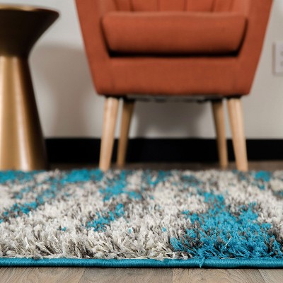 Turquoise and Gray Abstract Shag 8' x 10' Synthetic Rug