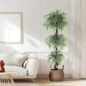 4FT/5FT/6FT Artificial Ficus Tree - White Ceramic-Look Planter with Pebbles - Indoor/Outdoor Decor - Lifelike Faux Tree for Home - 1 of 4