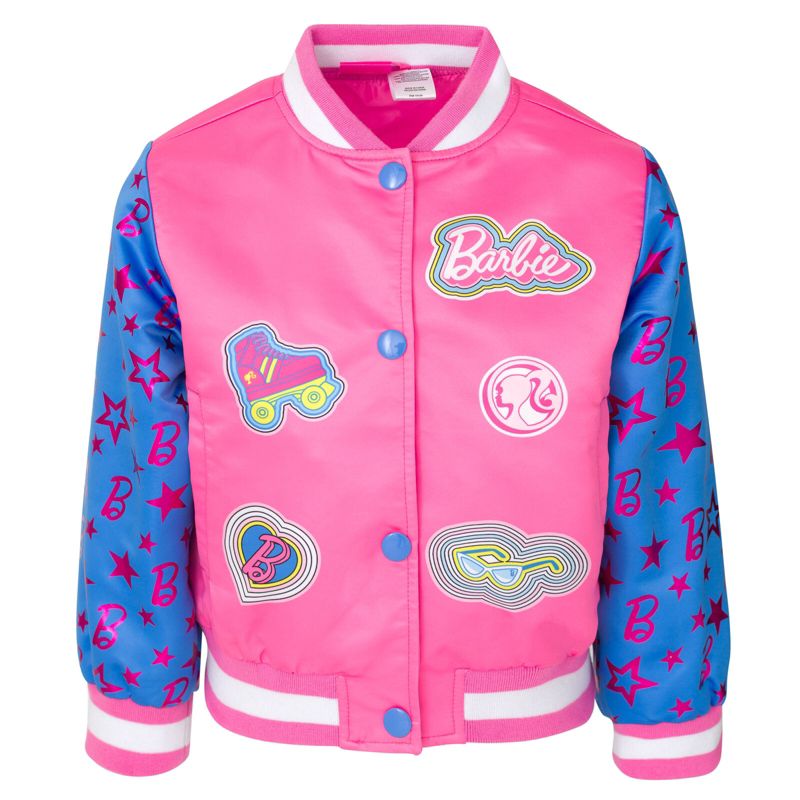 Barbie Little Girls' Foil Graphic Snap Closure Varsity Coat Pink Blue 4