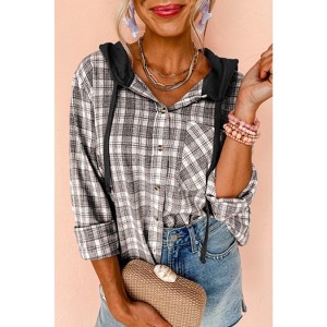 Khaki Checkered Print Loose Fit Buttoned Hooded Shacket - 1 of 1