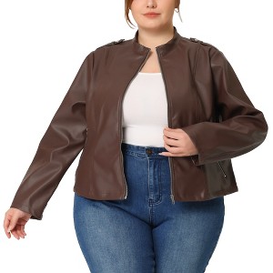 Agnes Orinda Women's Plus Size PU Motorcycle Zipper Pocket Faux Jackets - 1 of 4