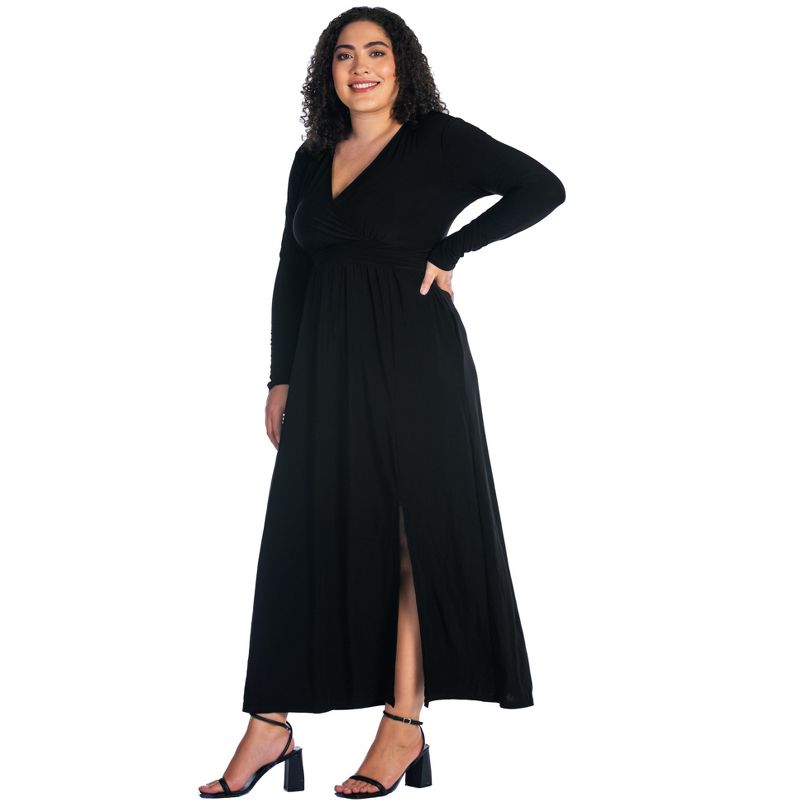 24seven Comfort Apparel Long Sleeve V Neck Side Slit Plus Size Maxi Dress, 2 of 6