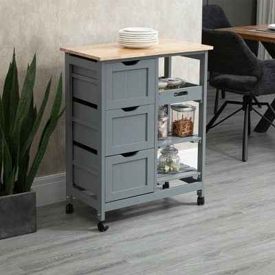 Gray Wood Kitchen Cart with Butcher Block Top and Storage