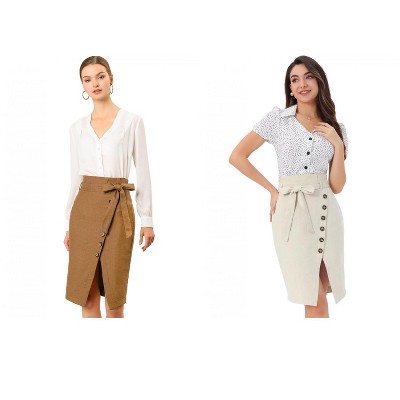 INSPIRE CHIC Women's Vintage Button Decor Belted Split Front Knee Length Pencil Skirt 2 Packs