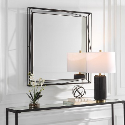 Modern Black Square Mirror with Wood Frame