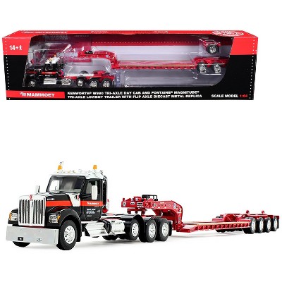 Kenworth W990 Heavy Haul Day Cab & Magnitude Tri-Axle Trailer w/Flip Tail Black & Red 1/64 die cast model by DCP/First Gear