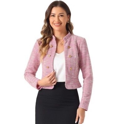 INSPIRE CHIC Women's Tweed Stand Collar Business Open Front Cropped Jacket