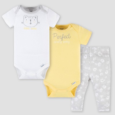 Image of Gerber Baby 3pc Lepord Print Top and Bottom Set - White/Yellow/Gray Newborn