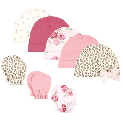 Image of Hudson Baby Infant Girl Cotton Cap and Scratch Mitten Set, Blush Rose Leopard, 0-6 Months