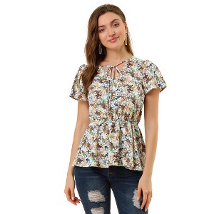 INSPIRE CHIC Women's Floral Print Smocked Flutter Sleeves Tie Collar Peplum Blouse - 1 of 4