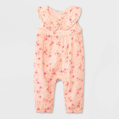 Image of Baby Girls' Collar Floral Aop Romper - Cat & Jack™ Peach Orange 3-6M