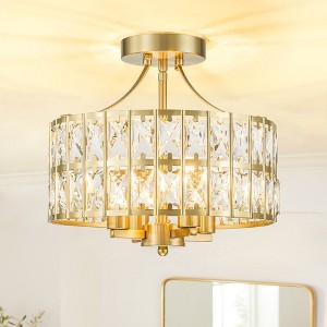 Rennnsan Lunara 12" W 4 -Light Crystal Dimmable Mid-century Drum Shaded Semi Flush Mount in Matte Black & Chrome & Brass - 1 of 4