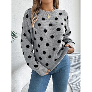 Women's Cute Polka Dot Sweater Shirt Long Sleeve Crew Neck Fall Casual Color Block Loose Fit Soft Knit Pullover Top - 1 of 4