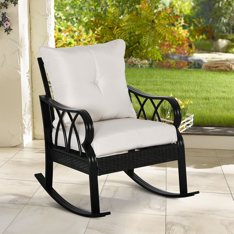 Outsunny Outdoor Wicker Rocking Chair with Padded Cushions, Aluminum Furniture Rattan Porch Rocker Chair w/ Armrest for Garden, Patio, and Backyard, 2 of 9