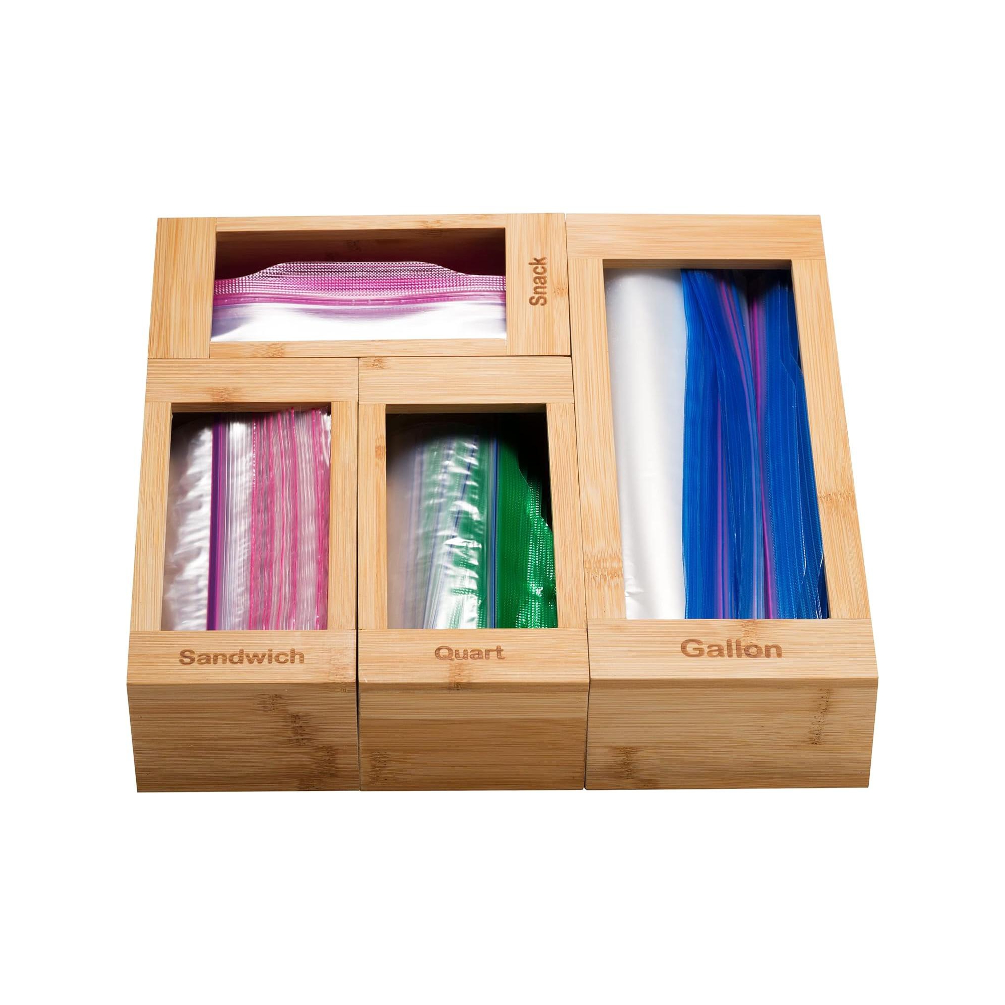Bartnelli 4pc Bamboo Kitchen Drawer Organizer for Sandwich Bags – Gallon, Quart, Sandwich, Snack