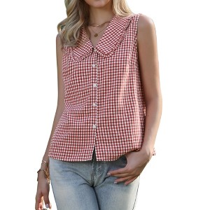 INSPIRE CHIC Women's Vintage Gingham Ruffle Peter Pan Collar Sleeveless Button Down Blouses - 1 of 4