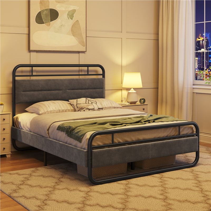 Yaheetech Metal Platform Bed Frame with Velvet Upholstered Headboard, 3 of 8