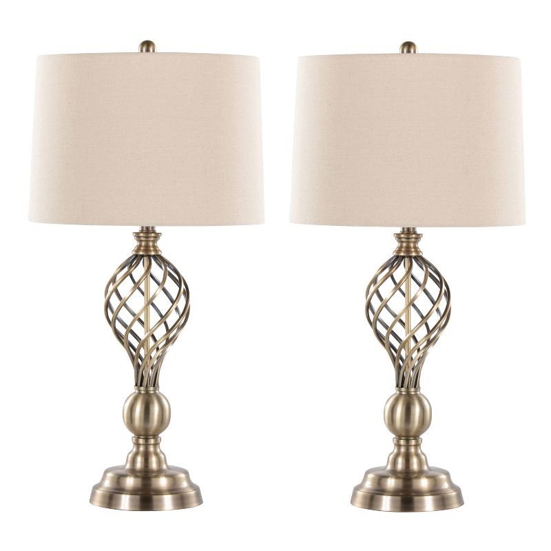 LumiSource (Set of 2) Linx Twist 29&#34; Contemporary Metal Table Lamps Antique Soft Brass and White Linen Shade from Grandview Gallery, 1 of 8
