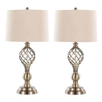LumiSource (Set of 2) Linx Twist 29" Contemporary Metal Table Lamps Antique Soft Brass and White Linen Shade from Grandview Gallery