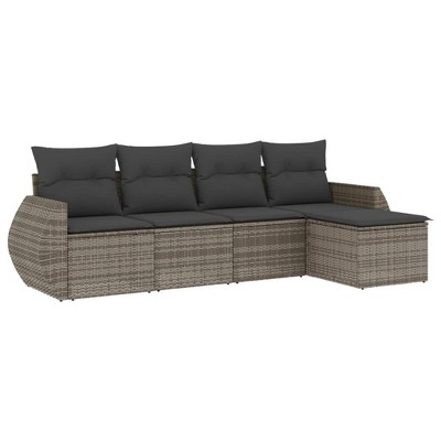 vidaXL 5 Piece Patio Sofa Set with Cushions Gray Poly Rattan - Gray With Table