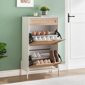 Farmhouse Rattan Shoe Cabinet - 3-Tier Slim Wooden Shoe Rack with 3 Drawers & Adjustable Shelves - 1 of 4