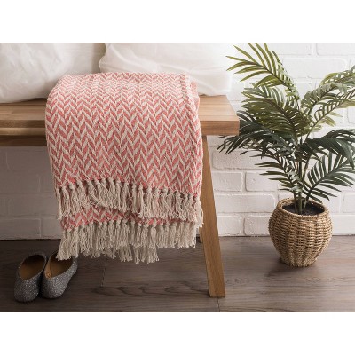 Blush Pink Cotton Zigzag Patterned Reversible Throw Blanket