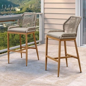 PURPLE LEAF Patio Sunbrella Bar Stools Set of 2 Handwoven Wicker Bar Height Stool Modern Aluminum Outdoor Wicker Barstools with Back and Cushion - 1 of 4