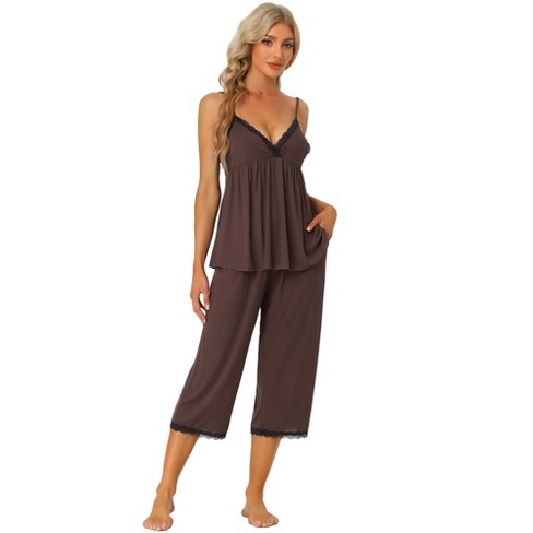 Cheibear Womens Sleepwear Modal V-neck Camisole With Capri Pants Pajama Set  Brown X Large : Target