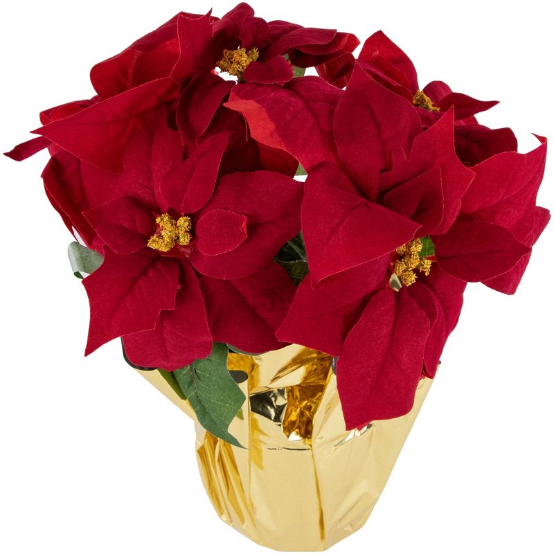 Northlight 16" Red Artificial Christmas Poinsettia Arrangement with Gold Wrapped Pot, 3 of 6