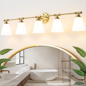 POWLIG 43.54-in 5-Light Gold Bathroom Vanity Light Fixture with Opal Frosted Glass Shade - 1 of 4