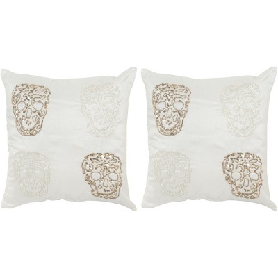 Gold Embroidered Skull Cotton Throw Pillow Set