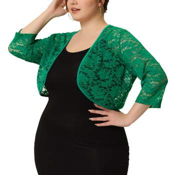 Agnes Orinda Women's Plus Size Sheer Shrug Cardigan 3/4 Sleeves Floral Lace Crop Shrugs