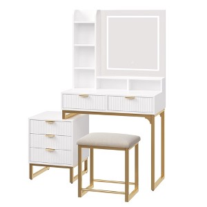 Makeup Vanity Desk with LED Lights, White Fluted Design, MDF Construction, Includes Stool - 1 of 4