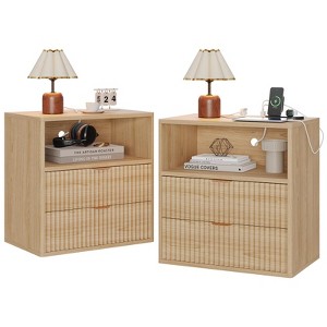 Fluted Farmhouse Night Stand with Charging Station,23" Mid-Century Modern Nightstand,2 Drawers End Table,Wood Side Table - 1 of 4