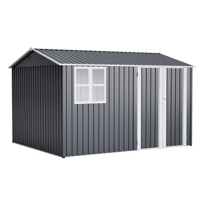 Vynxaria 10x8FT Outdoor Steel Storage Shed with Clear Window, Lockable Doors & Floor Frame, Weather-Resistant for Garden/Backyard/Patio, Gray