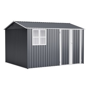 Vynxaria 10x8FT Outdoor Steel Storage Shed with Clear Window, Lockable Doors & Floor Frame, Weather-Resistant for Garden/Backyard/Patio, Gray - 1 of 4
