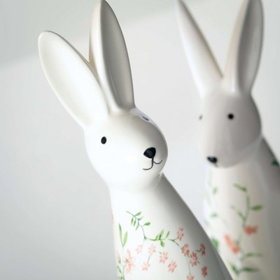 White Ceramic Floral Bunny Figurine Set, 12" and 9"