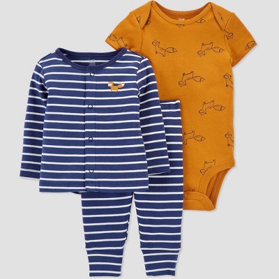 Image of Baby Boys' 3pc Striped Top and Bottom Set with Cardigan - Just One You® made by carter's Gold/Blue 9M