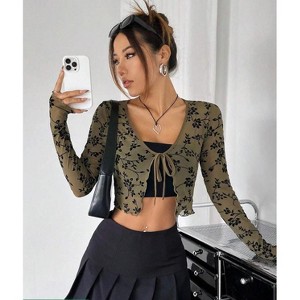 Women's Summer Fall Long Sleeve Cardigan Tie Front V Neck Casual Floral Cardigan Crop Top Shirt - 1 of 4