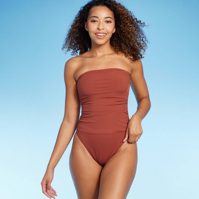 Women's Shirred Ribbed Bandeau Cheeky One Piece Swimsuit - Shade & Shore™  Brown XL