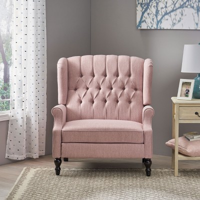 Blush Harmony Oversized Tufted Wingback Recliner in Dark Brown Wood
