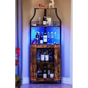 Coucheta an industrial-style corner bar cabinet with LED lights, five shelves, a glass rack, and a mesh door - 1 of 1