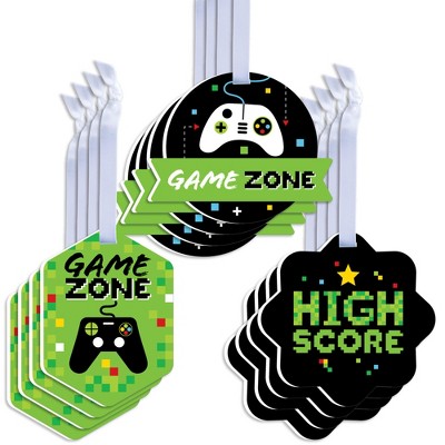 Big Dot of Happiness Game Zone - Assorted Hanging Pixel Video Game Party or Birthday Party Favor Tags - Gift Tag Toppers - Set of 12