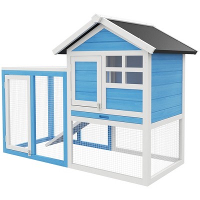 PawHut 48" Wooden Rabbit Hutch Bunny Cage with Waterproof Asphalt Roof, Fun Outdoor Run, Removable Tray and Ramp, Light Blue