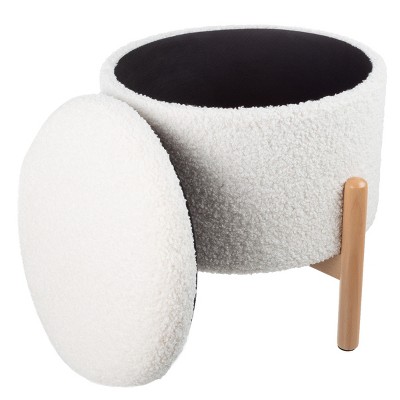 White Sherpa Plush Round Storage Ottoman with Padded Lid